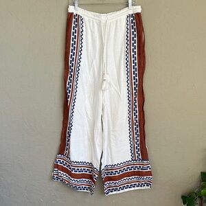 Anthropologie, cream, blue and brown wide leg linen blend pant size medium